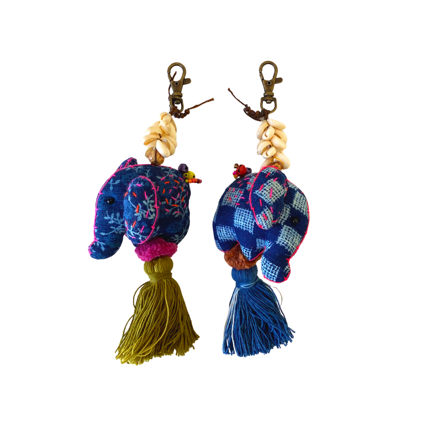 Oasis Batik Elephant Keychain with Shells and Tassel | Handmade Zipper Pull | Thailand