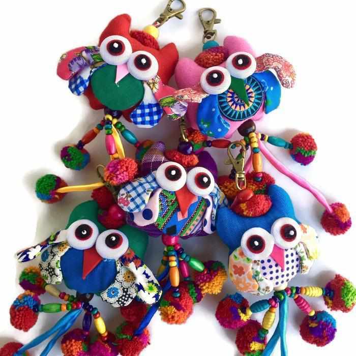 Owl Pom Pom Keychain | Handmade Bag Charm with Zipper Pull – Thailand
