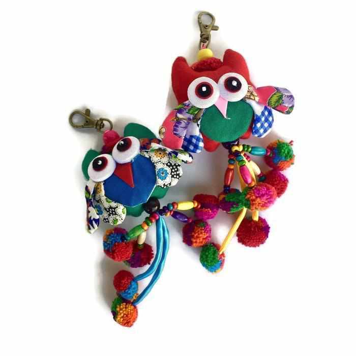 Owl Pom Pom Keychain | Handmade Bag Charm with Zipper Pull – Thailand