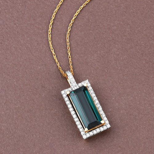 4.28 Carat Genuine Green Tourmaline and White Diamond 14K Yellow Gold Pendant