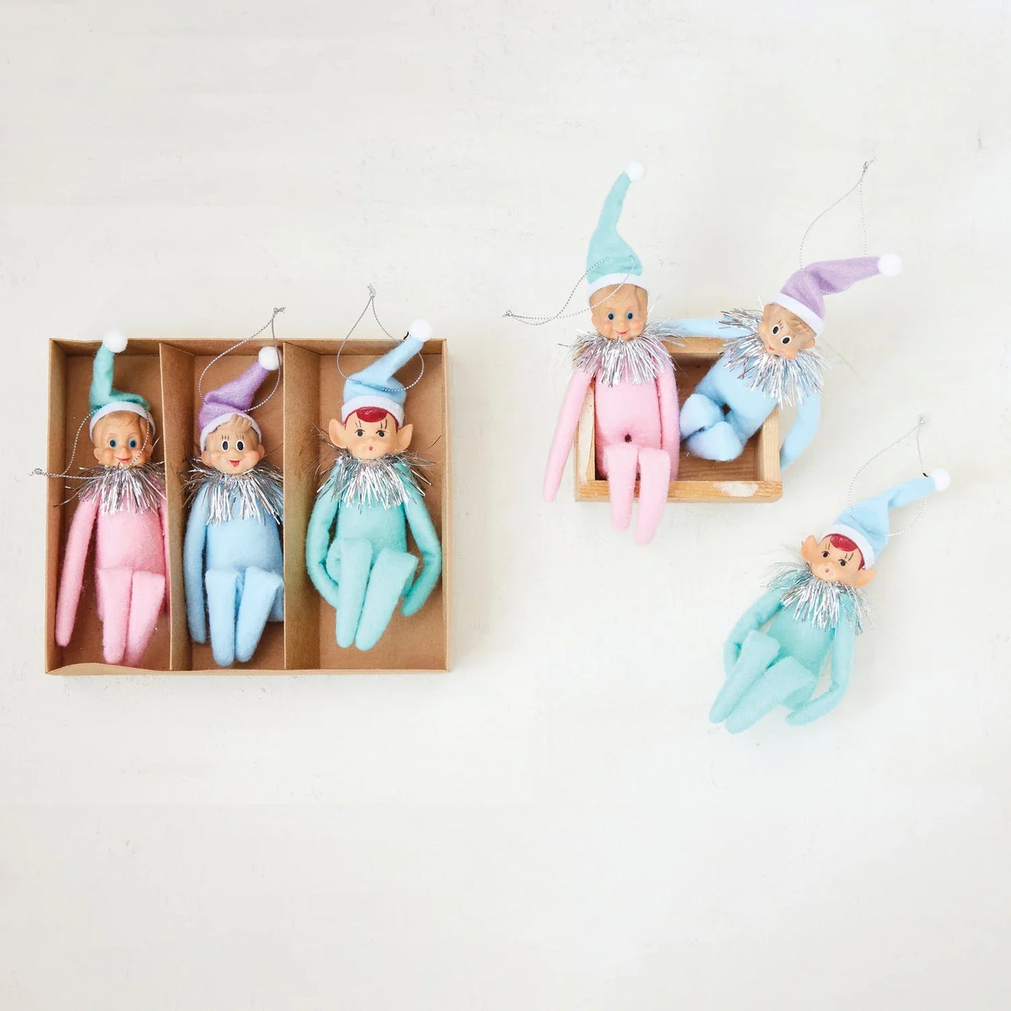 Pastel MCM KneeHugger Elf Ornaments, Set of 3 Vintage Reproduction