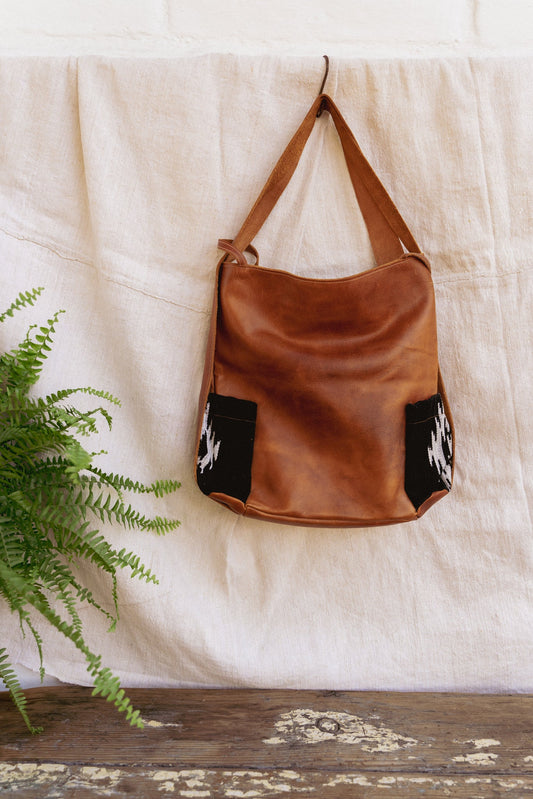 Patzik - Black and White Mayan Star Pockets - Tan Leather