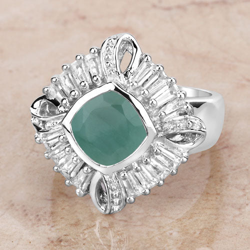 "2.57 Carat Genuine Emerald, White Topaz and White Diamond .925 Sterling Silver Ring
