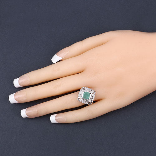 "2.57 Carat Genuine Emerald, White Topaz and White Diamond .925 Sterling Silver Ring