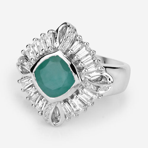 "2.57 Carat Genuine Emerald, White Topaz and White Diamond .925 Sterling Silver Ring