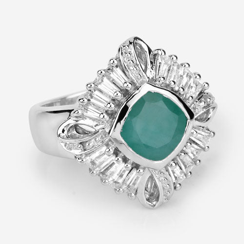 "2.57 Carat Genuine Emerald, White Topaz and White Diamond .925 Sterling Silver Ring