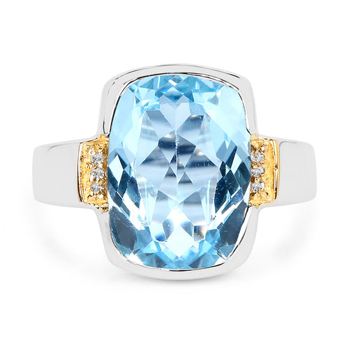 Two Tone Plated 6.93 Carat Genuine Blue Topaz & White Topaz .925 Sterling Silver Ring