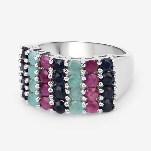 "3.40 Carat Genuine Emerald, Ruby and Black Sapphire .925 Sterling Silver Ring
