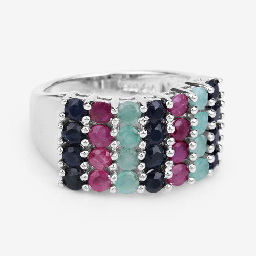 "3.40 Carat Genuine Emerald, Ruby and Black Sapphire .925 Sterling Silver Ring