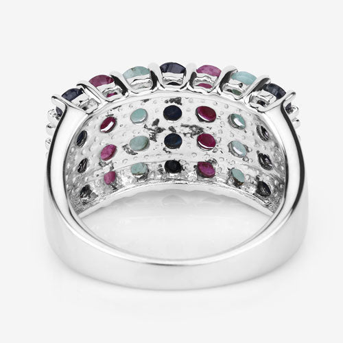 "3.40 Carat Genuine Emerald, Ruby and Black Sapphire .925 Sterling Silver Ring