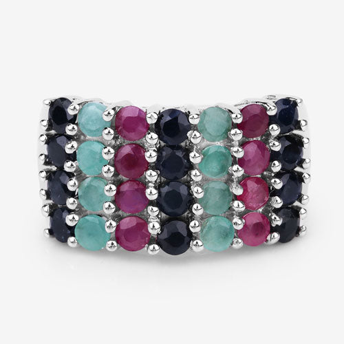 "3.40 Carat Genuine Emerald, Ruby and Black Sapphire .925 Sterling Silver Ring