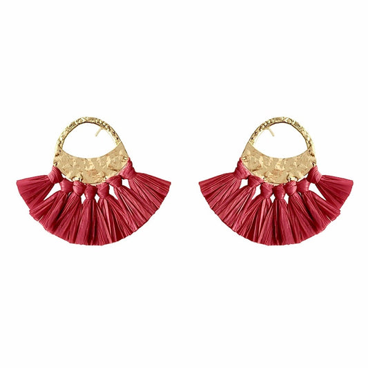 Red Raffia Fan Earrings