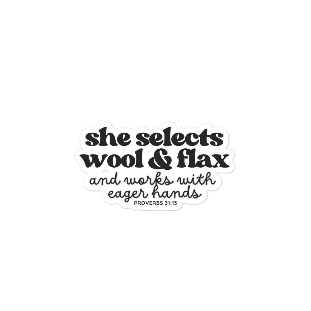 “She Selects Wool & Flax” Bubble Free Sticker – Designed by Nicole SnowBubble-free stickers