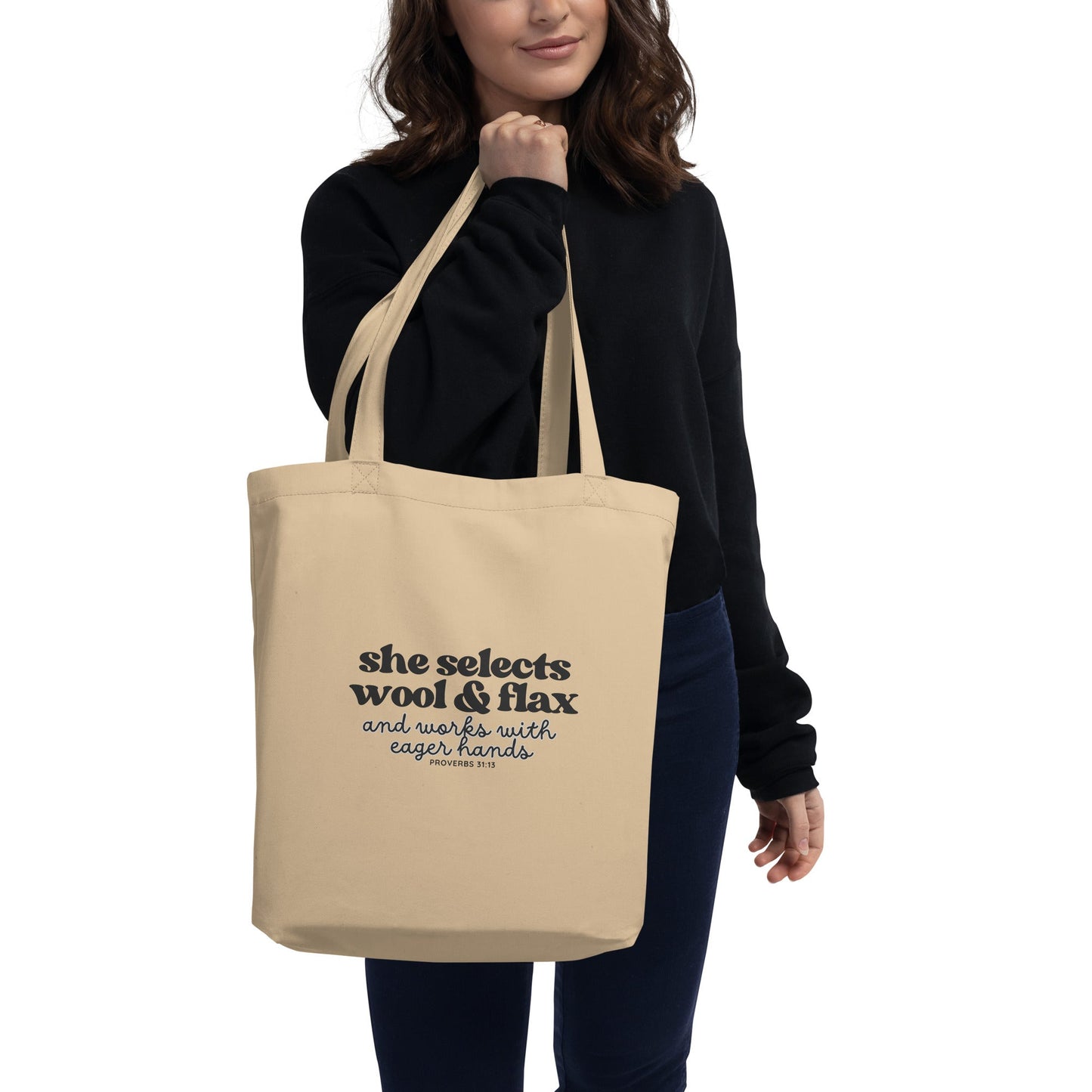 “She Selects Wool & Flax” Scripture Eco Tote Bag – Designed by Nicole Snow