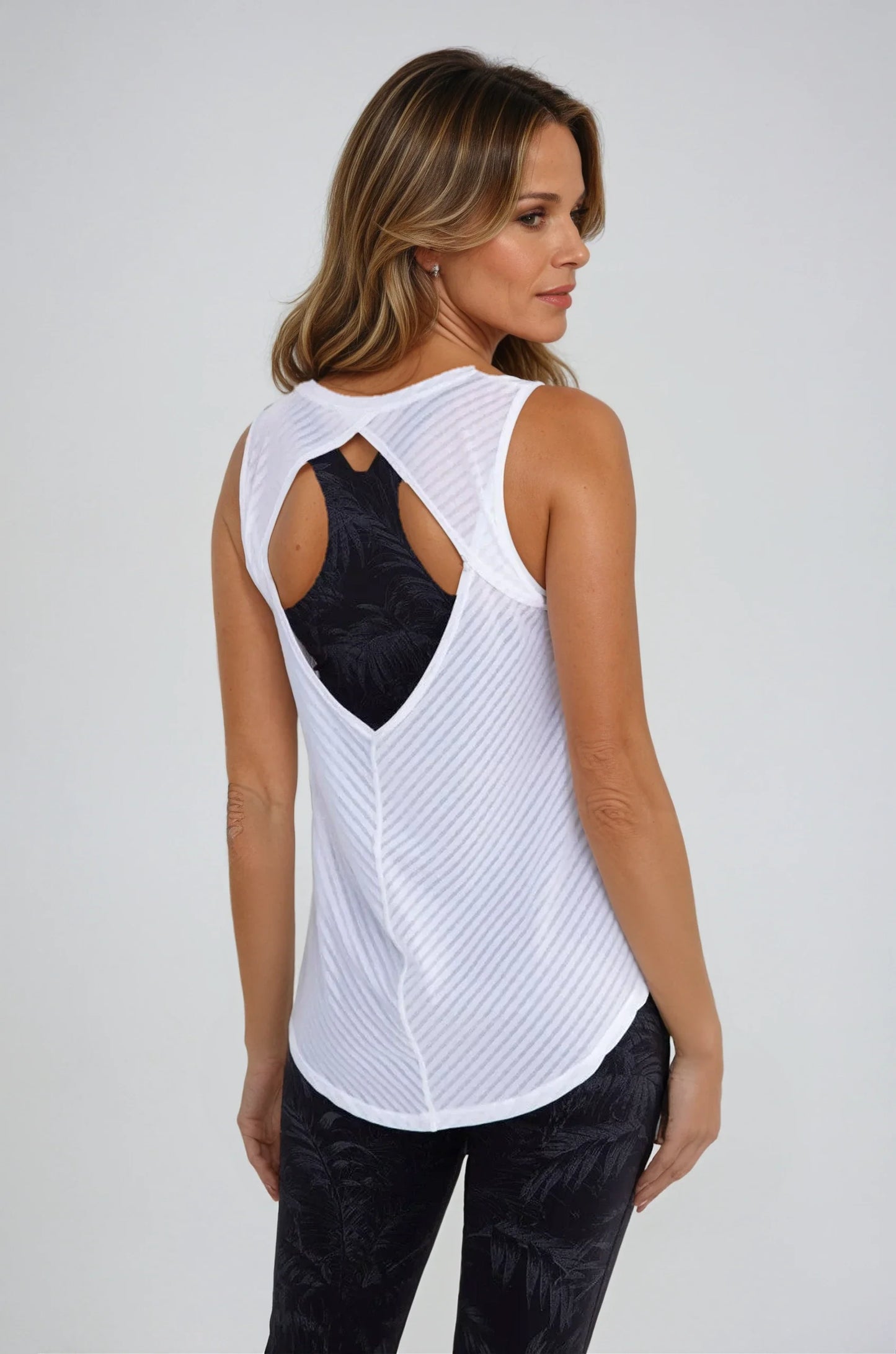 Sheer Striped Mesh Active Tank with Cut-Out Back