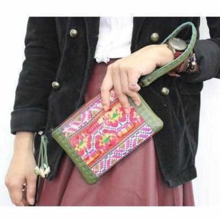Shelly Vintage Textile Embroidered Unique Leather Wristlet - Thailand