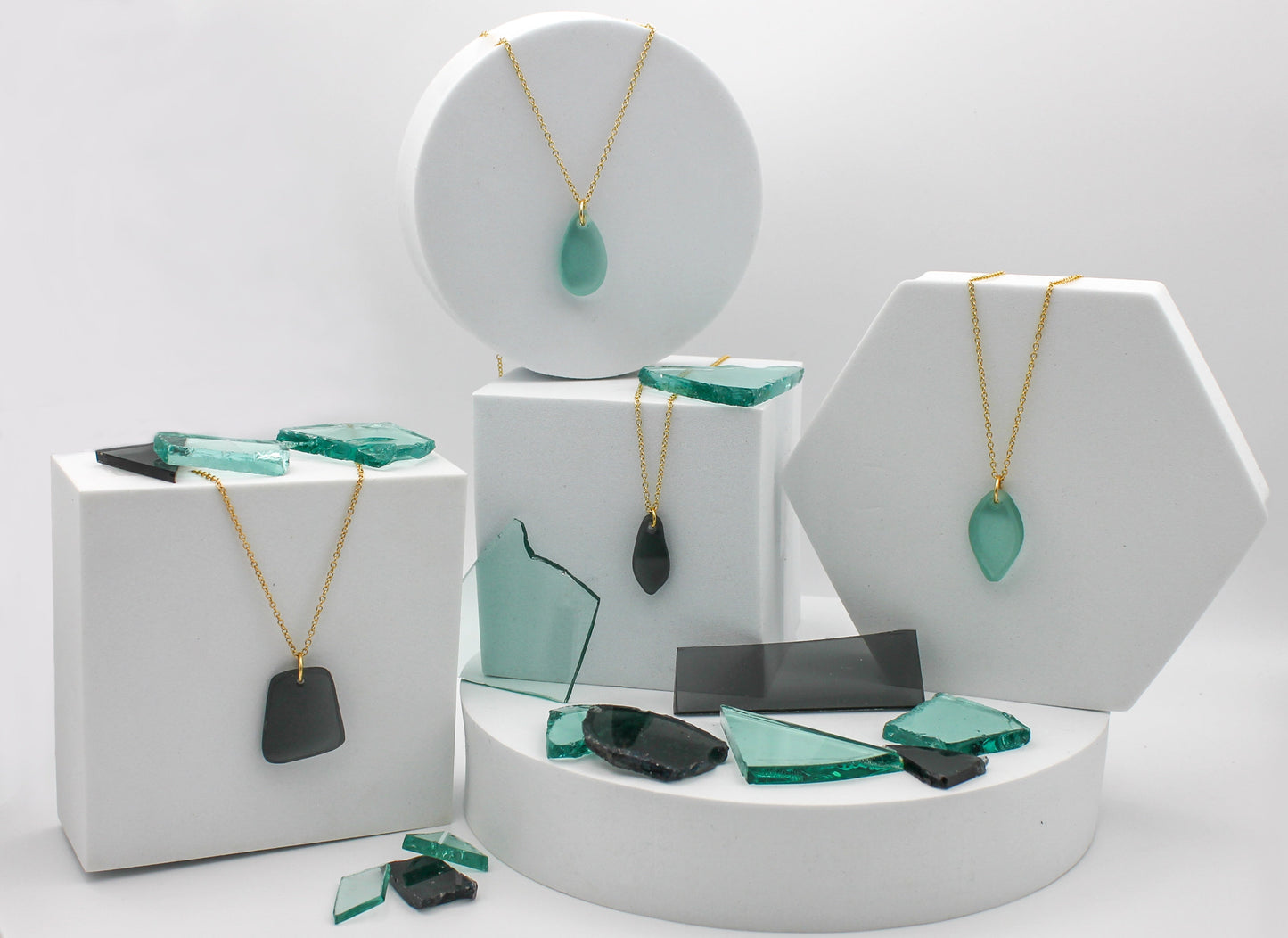 Visions Aqua Glass Necklace | Repurposed Automotive Windshield Glass | Adjustable Gold Plated Chain