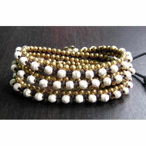 Stone and Brass Beads Three Wrap Bracelet - Thailand