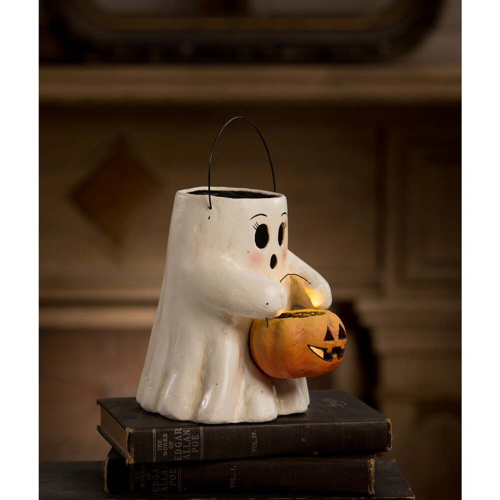 Sweet Boo With Pumpkin Bucket Paper Mache by Bethany Lowe Designs