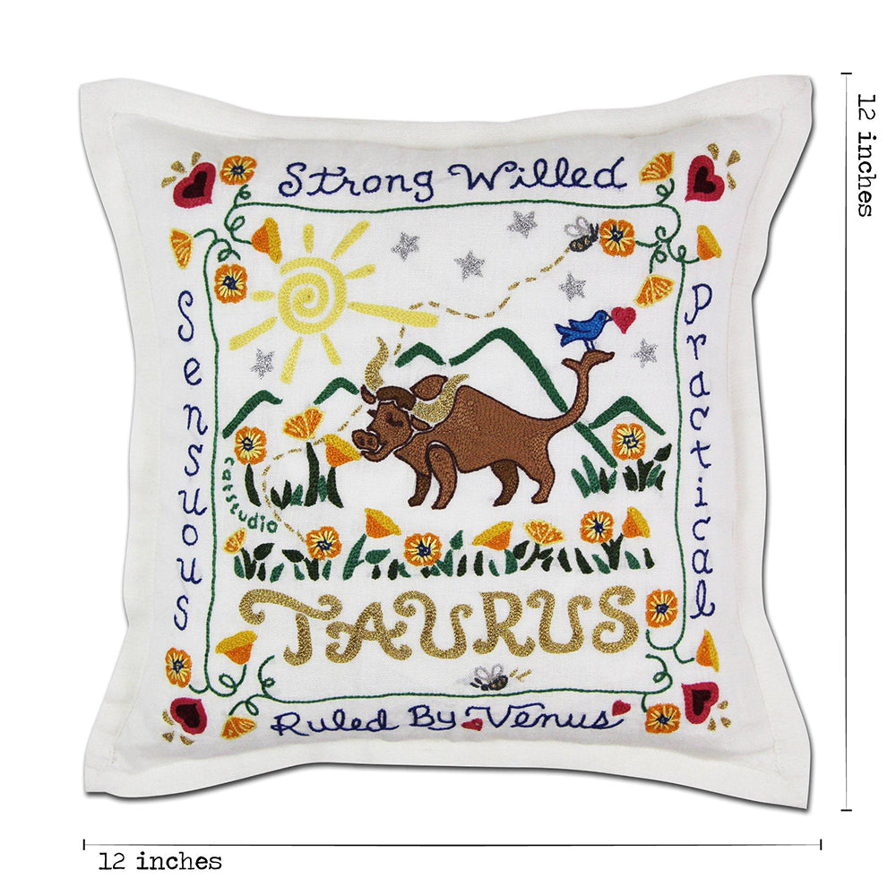 Taurus Astrology Hand-Embroidered Pillow by Cat Studio