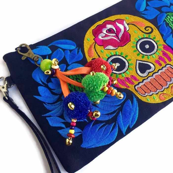 Triple Pom Pom Keychain | Handmade Zipper Pull with Beads | Thailand