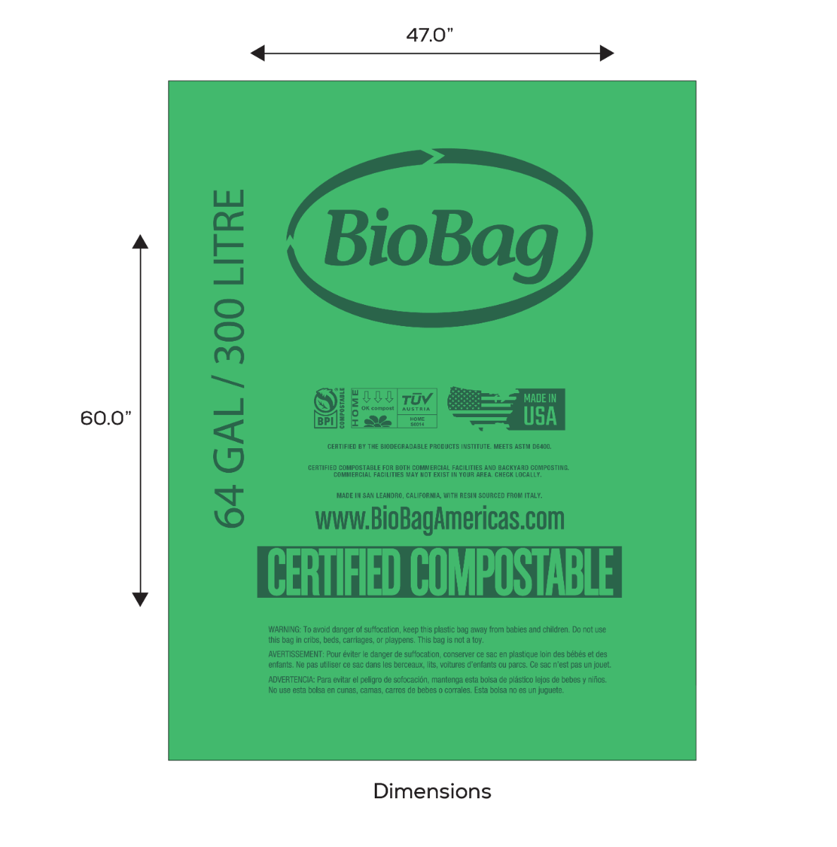 BioBag 64 Gallon Compostable Bags 47x60, 0.80 mil, Green (QTY 60), SKU 64G4760