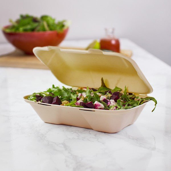 Vegware 9 × 6 in Large Bagasse Clamshell, Oatmeal (QTY 200), SKU VA-SH89N