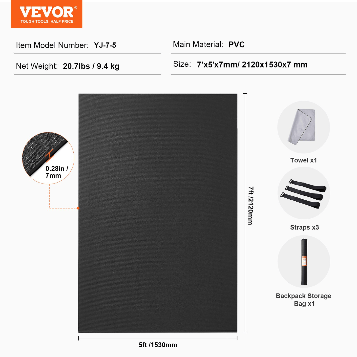 VEVOR Large Exercise Mat 7x5 ft – Non‑Slip Home Gym & Yoga Floor Mat