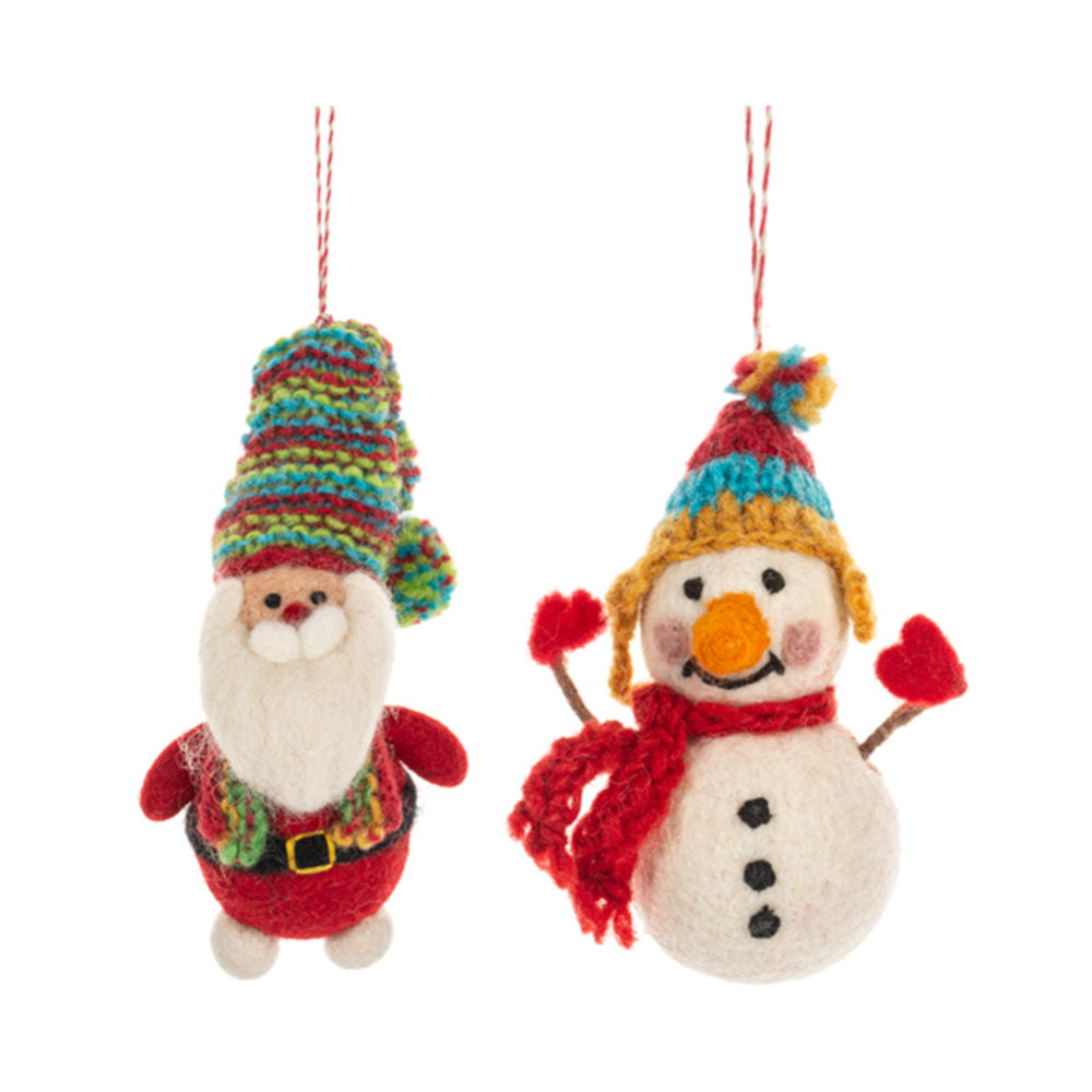 Felted Wool Santa & Snowman Ornaments Set of 2