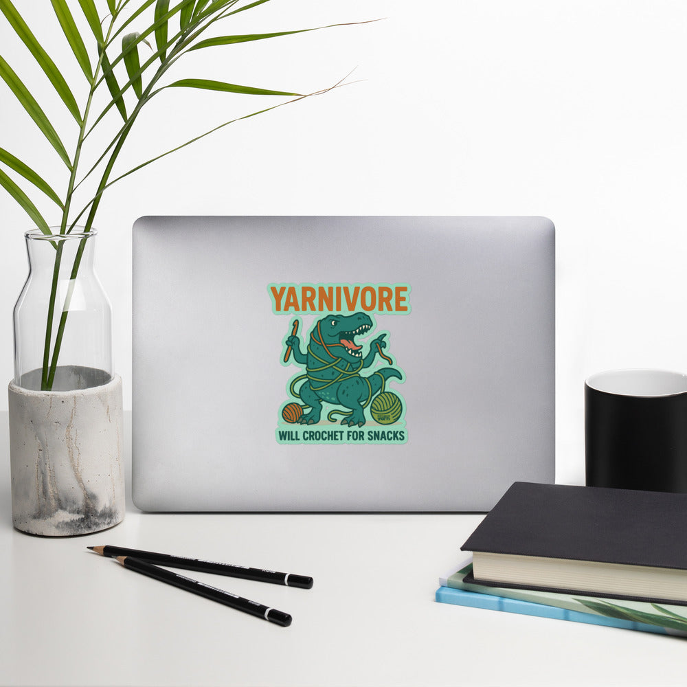 🦖 Yarnivore Sticker – Will Crochet for Snacks Bubble-free stickers