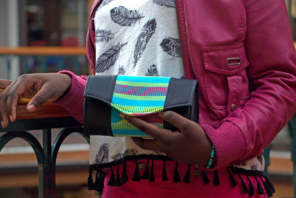 Traditional Kente Cloth and Faux Leather Barrel Purse with Strap - Green & Blue - Osadia Concept Store